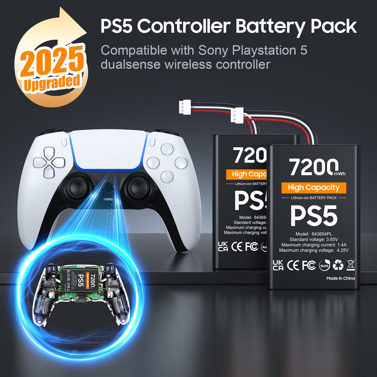 heclynis PS5 Controller Battery, High Capacity 2x7200mWh Rechargeable PS5 Battery Pack for Dualsense Controller with Black Skin, Replacement Batteries for PlayStation 5 with Screwdriver Tool Set