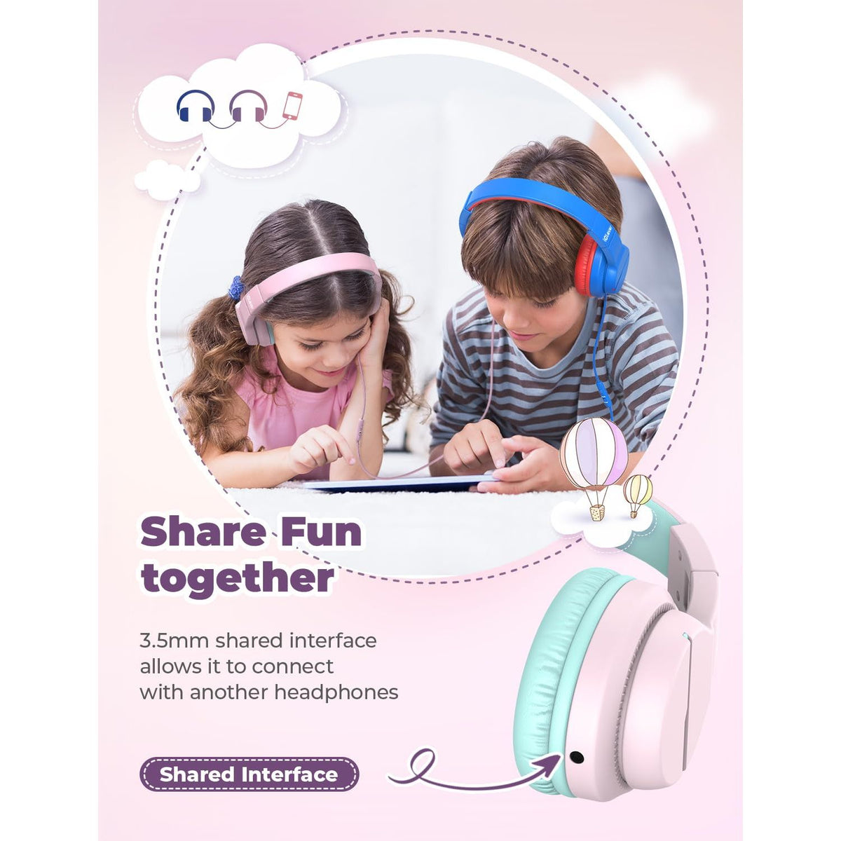 iClever HS19 Kids Headphones with Microphone for School, Safe Volume Limited, Over-Ear Girls Boys Headphones for Kids with Shareport, Foldable Wired for iPad/Travel (Pink)