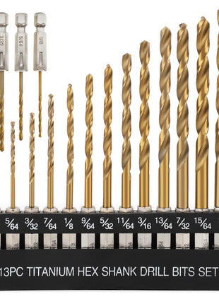 COMOWARE Titanium Twist Drill Bit Set - 16 Pcs Hex Shank High Speed Steel for Wood Plastic Aluminum Alloy, Quick Change, 1/16 inch-1/4 inch