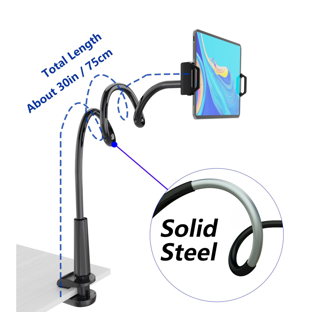 Tablet Stand Holder, Mount Holder Clip with Grip Flexible Long Arm Gooseneck Compatible with ipad iPhone/Nintendo Switch/Samsung Galaxy Tabs/Amazon Kindle Fire HD - Black