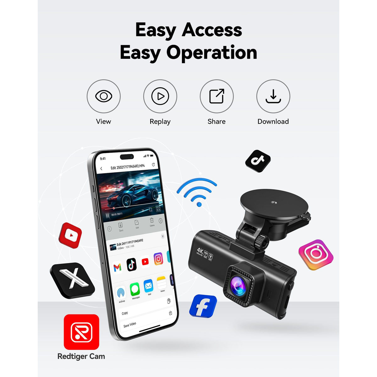 REDTIGER Dash Cam Front Rear, 4K/2.5K Full HD Dash Camera for Cars, Included 32GB Card, Built-in Wi-Fi GPS, 3.16” IPS Screen, Night Vision, 170°Wide Angle, WDR, 24H Parking Mode(F7NP)