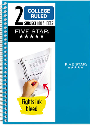 Five Star Spiral Notebook, 2 Subject, College Ruled Paper, 6 inch x 9-1/2 inch, 80 Sheets, Fights Ink Bleed, Water Resistant Cover, Tidewater Blue (840029CG1-ECM)
