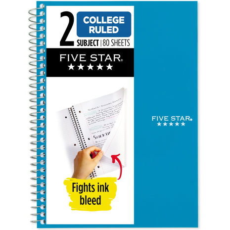 Five Star Spiral Notebook, 2 Subject, College Ruled Paper, 6 inch x 9-1/2 inch, 80 Sheets, Fights Ink Bleed, Water Resistant Cover, Tidewater Blue (840029CG1-ECM)