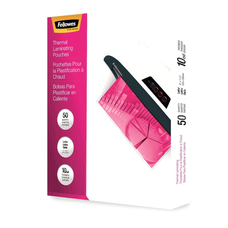 Fellowes® Thermal Laminating Pouches, Glossy, 9 inch x 11.5 inch, 10 Mil, Clear, Pack of 50