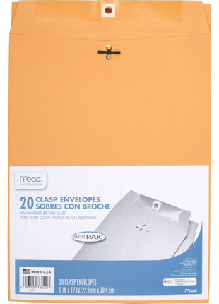 Mead Envelopes, 9 inch x 12 inch, Clasp Closure, Brown Kraft All-Purpose 24-lb Paper Mailing Envelopes, 20 Count (76020)