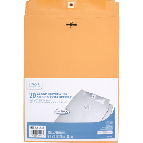 Mead Envelopes, 9 inch x 12 inch, Clasp Closure, Brown Kraft All-Purpose 24-lb Paper Mailing Envelopes, 20 Count (76020)