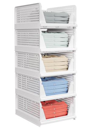 5 Pack Stackable Closet Storage Basket - Stackable Storage Bins, Multifunctional & Foldable Closet Organizer Waterproof, Wardrobe Cupboard Space-Saving Hat Storage Drawer Organizer, White
