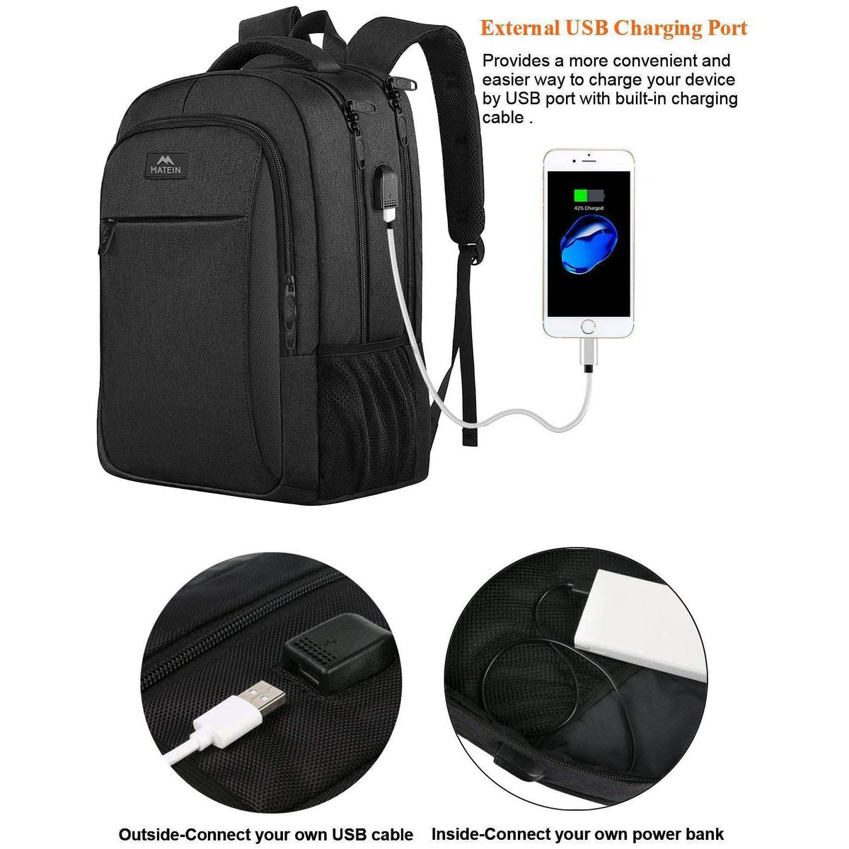 MATEIN Business Laptop Backpack, 15.6 Inch Travel Laptop Bag Rucksack with USB Charging Port, Water-Resistant Bag Daypack for Work College Computer Men Women Backpack, Black