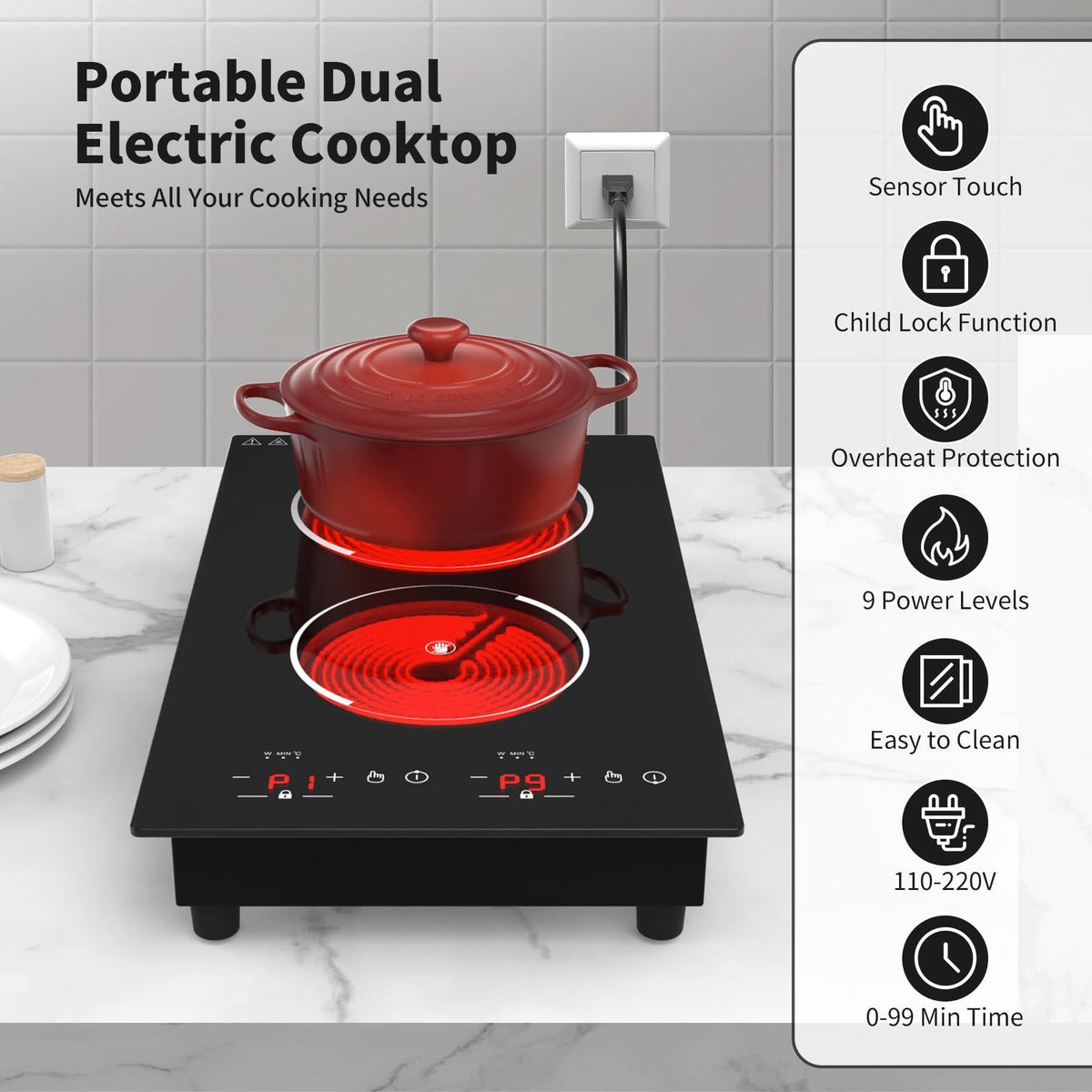 VBGK Electric Cooktop,12 Inch Built-in Radiant Electric Stove Top,110V 2100W 2 burner cooktop With 9 Heating Level, Timer & Kid Safety Lock, Sensor Touch Control 2 burner Induction Cooktop