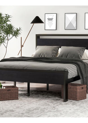 SHA CERLIN 14 Inch Queen Size Metal Platform Bed Frame with Wooden Headboard and Footboard, Mattress Foundation, No Box Spring Needed, Large Under Bed Storage, Non Slip Without Noise, Black Oak