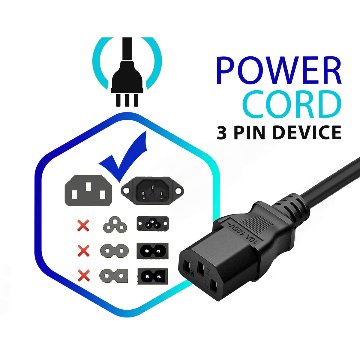 Standard 5ft (1.5m) 10 Amps 125 Volts Black 3 Prong AC Power Cord Cable for Electronics, TV, Computer, Printer, Radio, Monitor, Samsung, Dell, Vizio, LG, Asus, Laptop and More