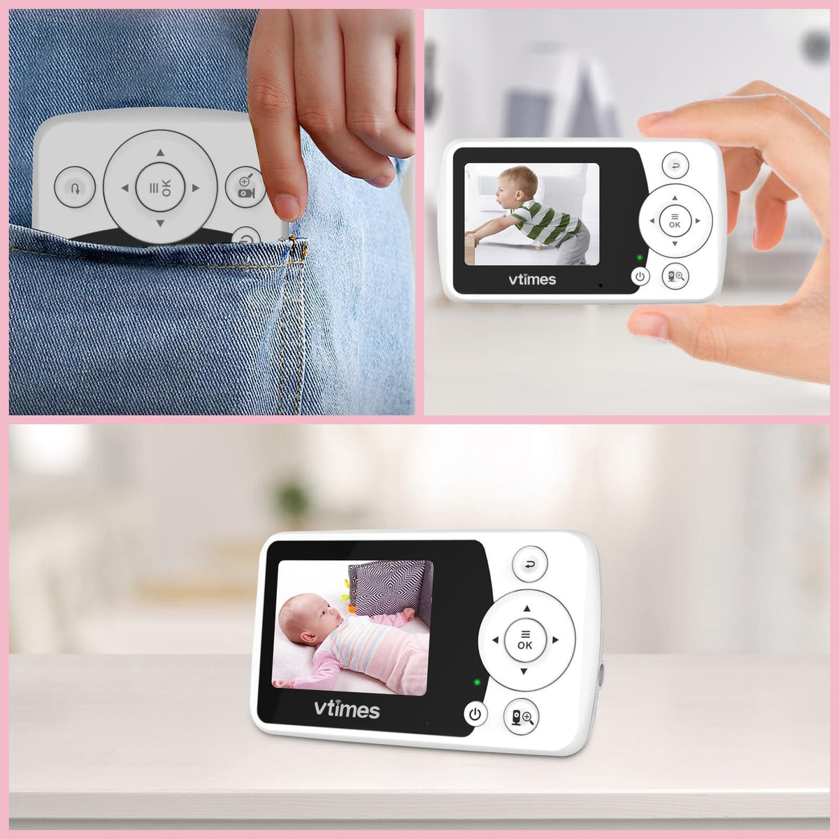VTimes Baby Monitor with Camera and Audio, Video Baby Monitor No WiFi Night Vision 2.4" LCD Screen Portable Baby Camera Monitor Alarm Lullaby Temperature Sensor and 1000ft, Ideal for Baby/Elderly/Pet