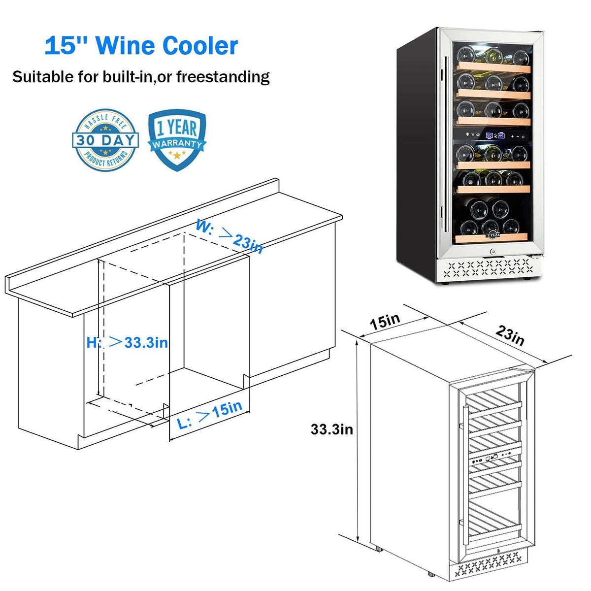 Tylza Mini Fridge 15 Inch Wine Cooler Under Counter, 33 Bottle Dual Zone Wine Fridge with Stainless Steel, Wine Refrigerator Freestanding, Built-in Wine Cellars