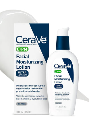 CeraVe PM Facial Moisturizing Lotion, Night Cream with Hyaluronic Acid and Niacinamide, Ultra-Lightweight, Oil-Free Moisturizer for Face, 3 Ounce