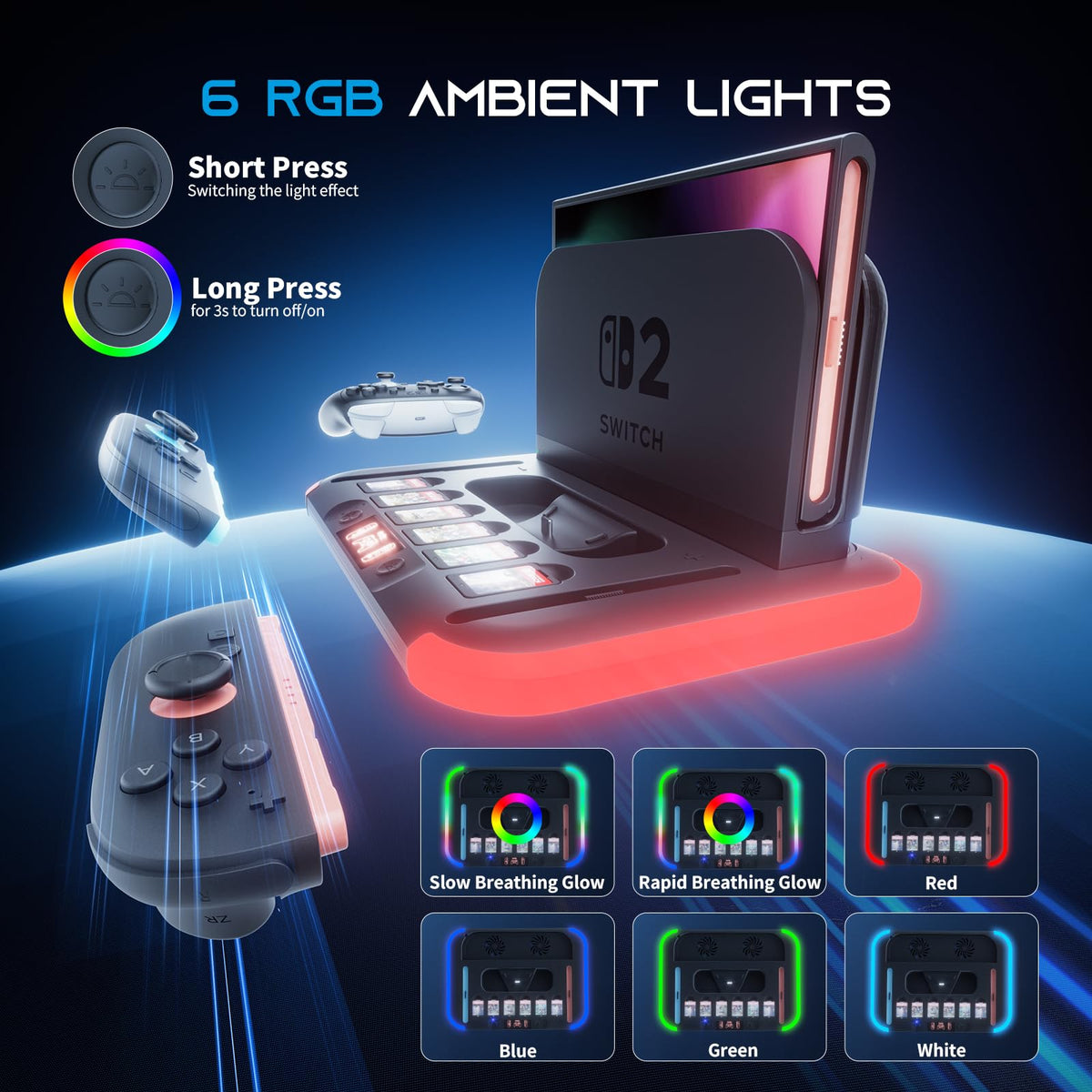 Switch 2 Charging Dock Station,HEYSTOP Switch 2 Controller Charger for Switch 2 Pro Controller and Joy Cons,with RGB,Heat Dissipation,Game Card Slot*6,Fast-Magnetic Charging Station Storage Organizer