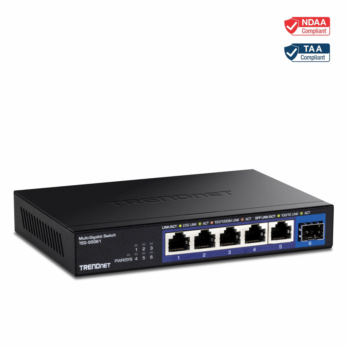 TRENDnet 6-Port Unmanaged 2.5G Switch with 10G SFP+Port, TEG-S5061, 5 x 2.5GBASE-T Ports, 45Gbps SwitchingCapacity, Fanless, Wall Mountable,Lifetime Protection,Black