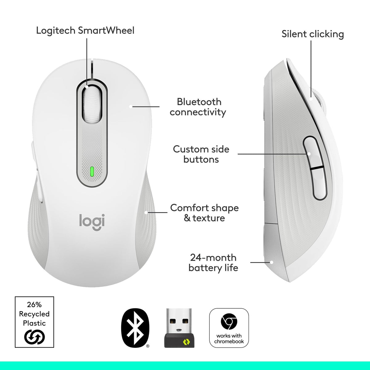 Logitech Wireless Mouse Signature M650 - Small to Medium Sized Hands, Right Handed, 2-Year Battery, Silent Clicks, Customizable Buttons, Bluetooth, PC/Mac/Chromebook - Off White