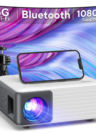 Mini Projector with WiFi and Bluetooth, AKIYO 1080P Supported Projector with Projector Stand, Portable Movie Projector for Home Theater/Outdoor, Compatible with iOS/Android/Laptop/TV Stick/HDMI/PS5