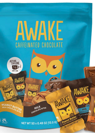 AWAKE - Caffeinated Chocolate Bites - 50mg Caffeine - Variety Pack (3 Flavors), 50 Bites - Peanut Butter, Milk, & Caramel - Energy Bites - Coffee Alternative - Fairtrade, Gluten Free, Non GMO - 0.48oz