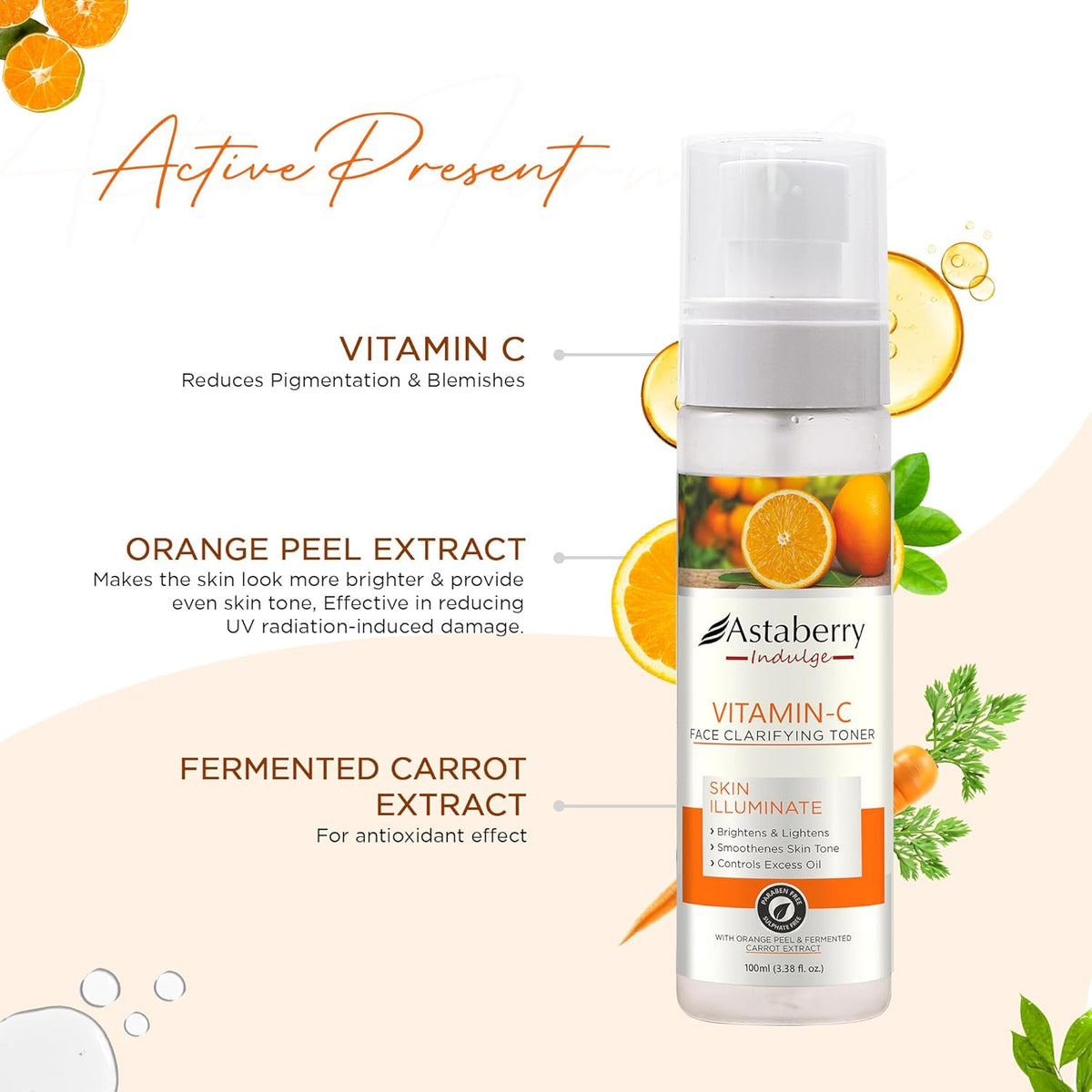 Astaberry Indulge Vitamin C Face Toner For Glowing Skin|Toner For Oily & Dry Skin|Hydrates The Skin|With Orange Peel & Fermented Carrot Extract - 100 Ml