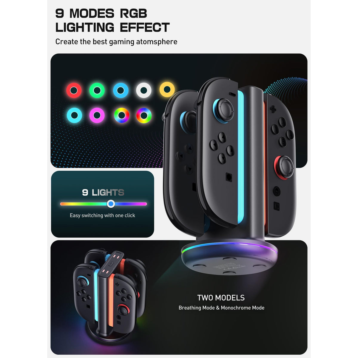 SUPCASE Charging Dock for Nintendo Switch 2 Joy Con, [Supports Dual-Side Charging] [9 Light Modes] Magnetic Controller Fast Charger Stand Station Compatible with Switch 2 Joy Con Accessories, Black