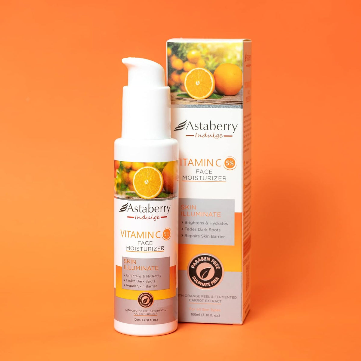 Astaberry Indulge Vitamin C Face Moisturizer for Glowing Skin | Hydrates Skin | Fades Dark Spots | With Orange Peel & Fermented Carrot Extract | Boosts collagen -100ml