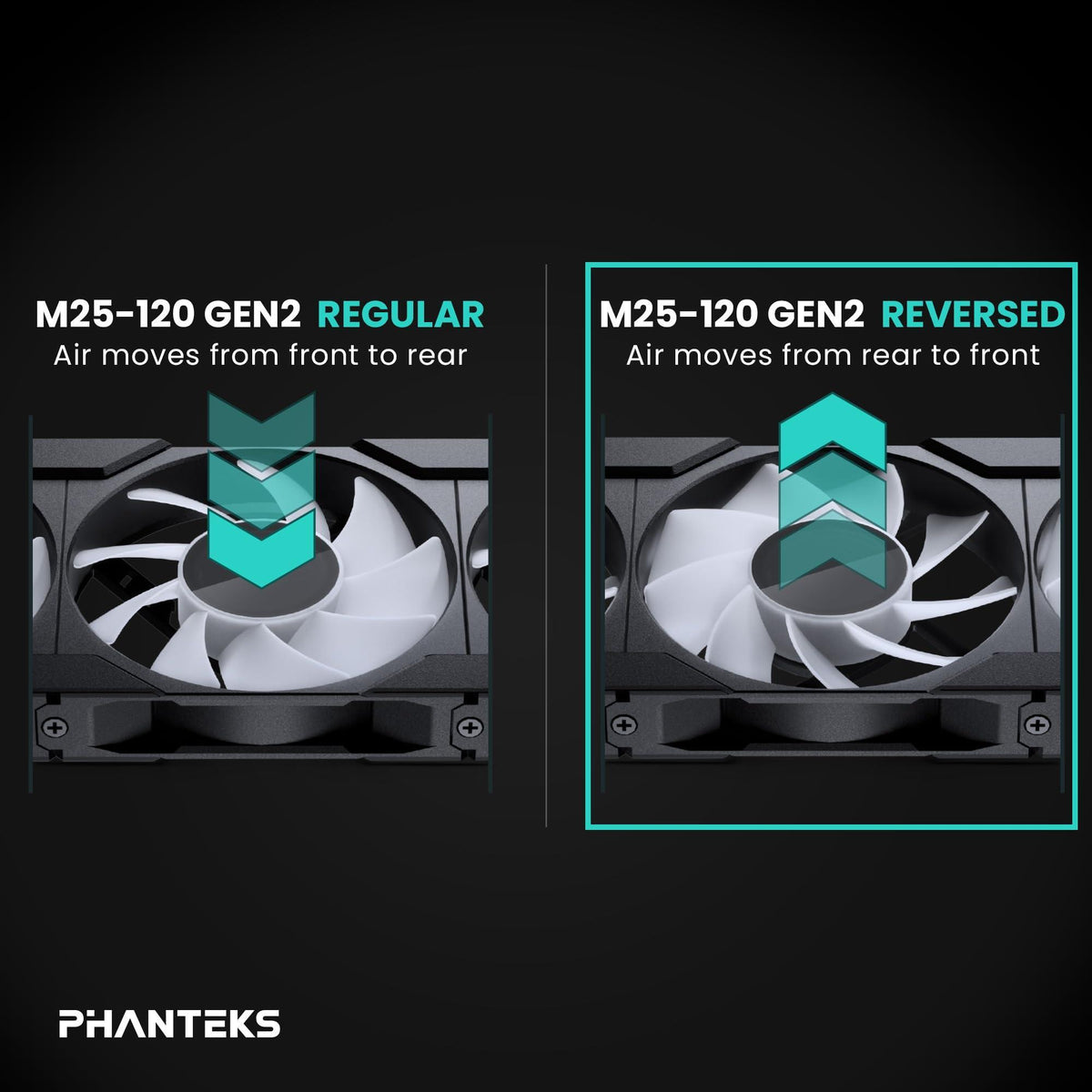 Phanteks M25-120 Gen2 Reversed Blade, 120mm ARGB High Performance Cooling Fans, Daisy-Chain Unified Fan Frame, Infinity Mirror hub, Single Cable Connection, Black