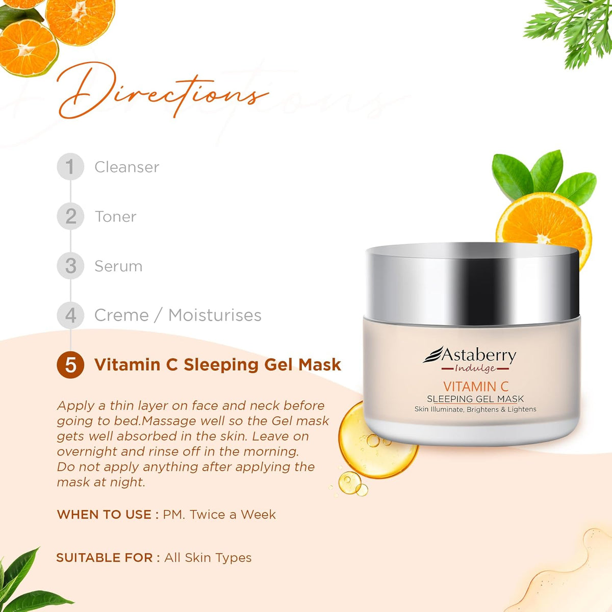 Astaberry Indulge Vitamin C Sleeping Gel Mask for Skin illuminate 50g - Brightens & Lightens | Boosts Glow & Plumps Skin | Repairs Sun Damage | Reduces Pigmentation