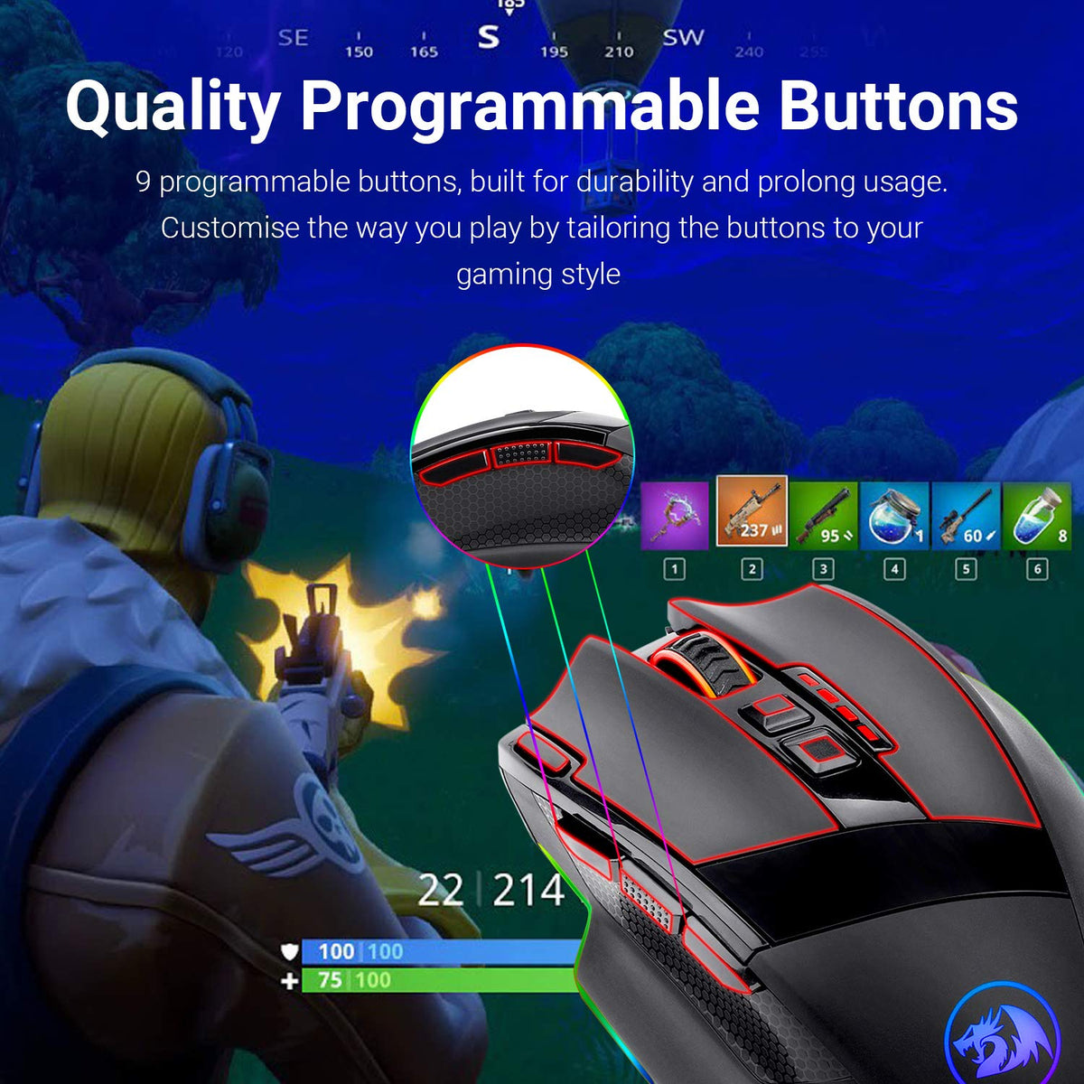 Redragon M801 Wireless Gaming Mouse, RGB Gaming Mouse with MMO 9 Programmable Macro Editing Buttons, UP 16000 Adjustable DPI, Rapid Fire Button for Game, Windows,PC - Wireless, Black