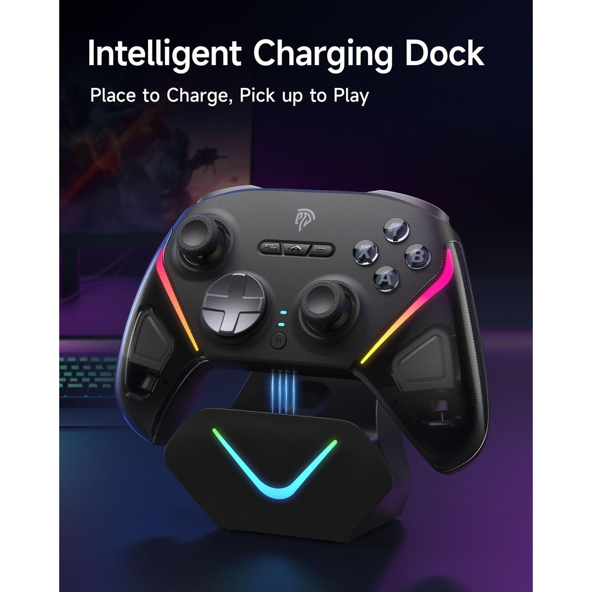 EasySMX D10 Wireless Game Controller – TMR Anti-Drift Joysticks, Dual-Mode Triggers, 1000Hz Polling, Mechanical Buttons, RGB – Bluetooth Gamepad for PC/Switch/Switch2/iOS/Android with Charging Dock