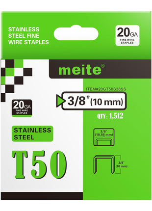 meite T50 Stainless Steel Staples Marine, 3/8 Inch Heavy Duty Staples for Staple Gun - 1512 Counts, 20 Gauge 3/8 Inch Crown T50 Upholstery Staple for Marine Applications