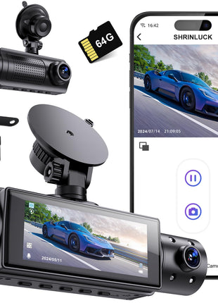 Miden 4K WiFi Dash Cam Front and Rear Inside, Free 64G SD Card, 2160P+1080P+1080P FHD 3 Channel Dash Camera for Cars, Night Vision, 24H Parking Monitor, 360° All Sides Dashcam, G-Sensor, WDR