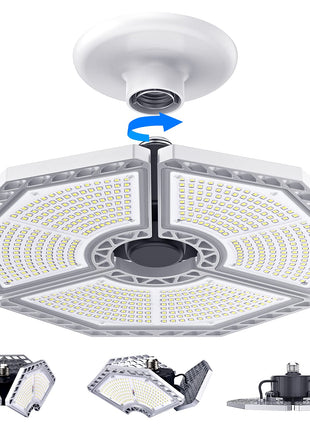 KERNOWO LED Garage Lights, 140W 18500 Lumens Garage Lighting, 6000K Daylight with Deformable Three Panel Ceiling Light Fixture E26/E27 Triple Glow LED Shop Light for Basement Workshop Warehouse