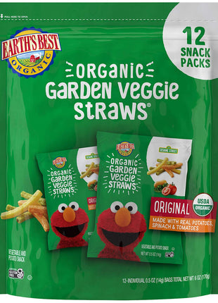 Earth's Best Organic Kids Snacks, Sesame Street Toddler Snacks, Organic Garden Veggie Straws for Toddlers 2 Years and Older, Original, Multipack, .5 oz Bags, 12 Count