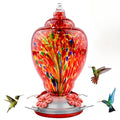 WOSIBO Hummingbird Feeder for Outdoors Patio Large 32 Ounces Colorful Hand Blown Glass Hummingbird Feeder with Ant Moat Hanging Hook, Rope, Brush and Service Card (RED-Firework)
