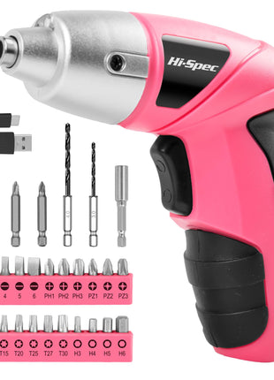Hi-Spec Small Electric Screwdriver, Mini Drill Set, Rechargeable 3.6V Cordless Screwdriver with 26 Driver Bits, Power Tool for Small Projects & Home Use, Pink