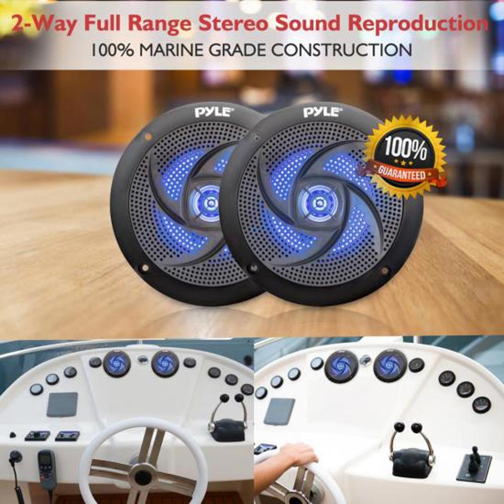 Pyle Low-Profile Waterproof Marine Speakers - 100W 4 Inch 2 Way 1 Pair Slim Style Waterproof Weather Resistant Outdoor Audio Stereo Sound System w/ Blue Illuminating LED Lights - Pyle (Black)