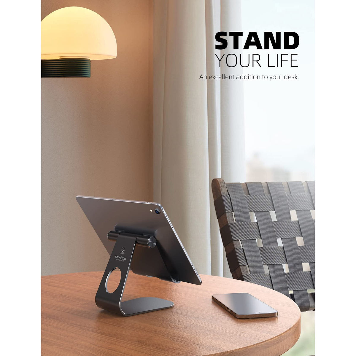 Lamicall Tablet Stand Adjustable, Tablet Stand : Desktop Stands Holder Dock Compatible with Tablets Such as iPad 2018 Pro 9.7, 10.5, Air Mini 4 3 2, Kindle, iPhone 17 Max, E-Reader (4-13'')- Black