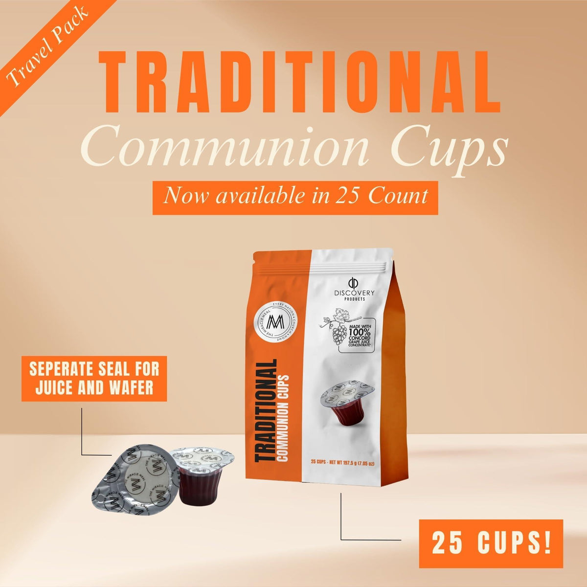 Travel Pack - Pre-Filled Traditional Communion Cup - Bag of 25 with Wafer and 100% Concord Grape Juice