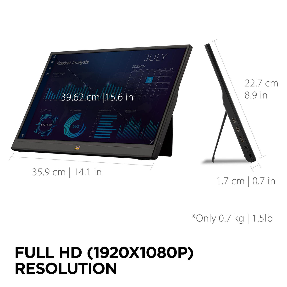 ViewSonic VA1655 15.6 Inch 1080p FHD IPS Portable Monitor with Built-in Stand, 60W USB C, Mini HDMI, Protective Case and Speakers for PC, Mac, Gaming Consoles, Phones