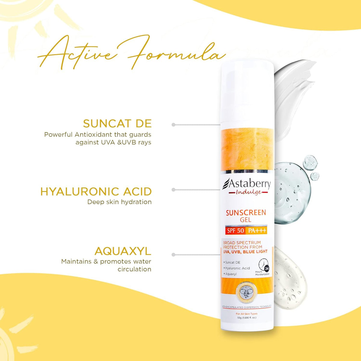 Astaberry Indulge Sunscreen Gel SPF 50 PA+++ |Broad Spectrum protection from UVA/B & Blue Light| Suncat DE & No White Cast | Light Weight & Non Greasy- 50g