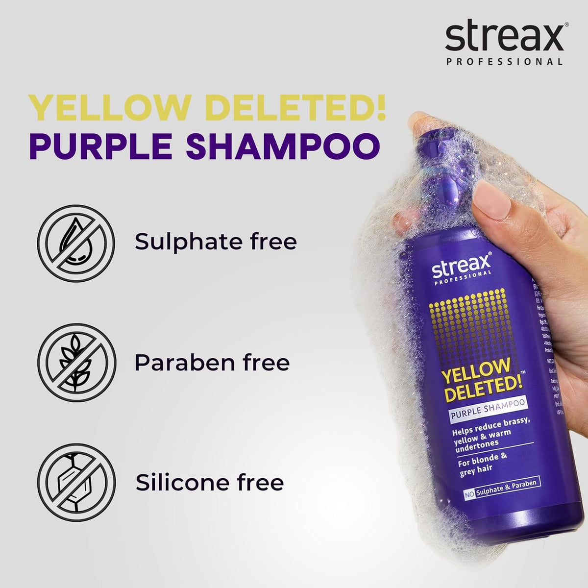 Streax Professional Yellow Deleted! Purple Shampoo, 300 ml I For Prelightened, Blonde & Grey Hair I Sulphate & Paraben Free