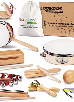 LOOIKOOS Montessori Natural Wooden Musical Instruments Set for Toddlers Preschool Educational Percussion Toys with Storage Bag, Safe Early Learning Toys for Boys Girls (3+)
