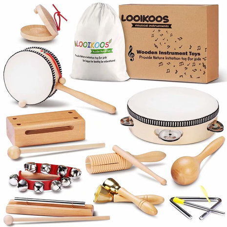 LOOIKOOS Montessori Natural Wooden Musical Instruments Set for Toddlers Preschool Educational Percussion Toys with Storage Bag, Safe Early Learning Toys for Boys Girls (3+)