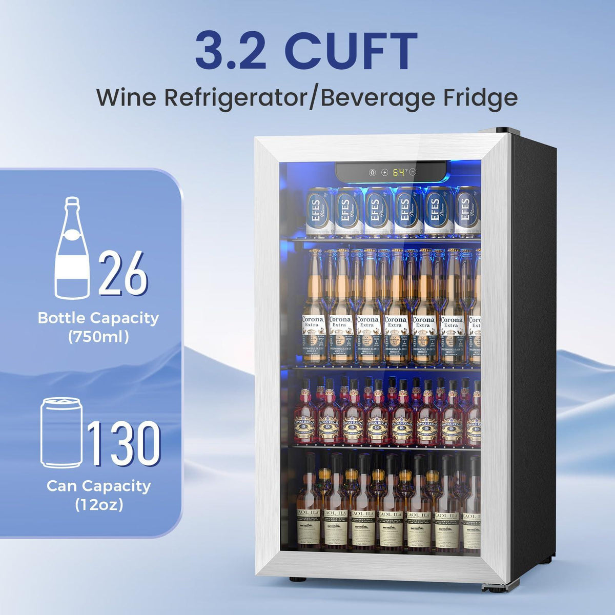 26 Bottle Wine Cooler Refrigerator, Small Freestanding Wine Fridge for Red, White and Champagne, Built-in Wine Cellar with Stainless Steel Glass Door, 40-66F Digital Temperature Control, Indoor Use