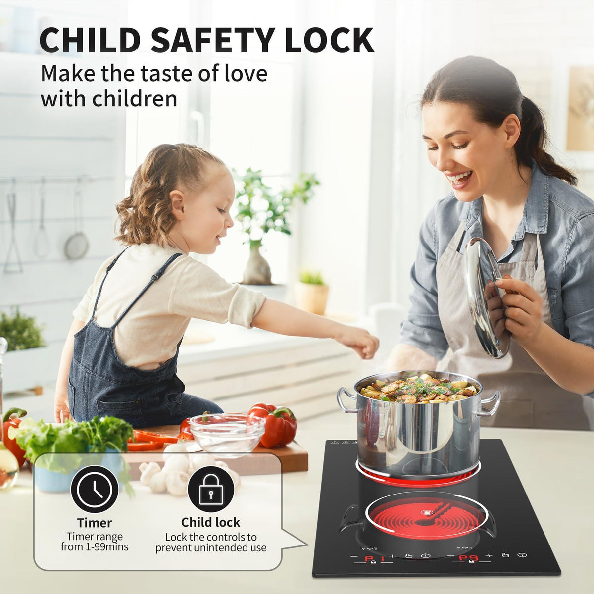 VBGK Electric Cooktop,12 Inch Built-in Radiant Electric Stove Top,110V 2100W 2 burner cooktop With 9 Heating Level, Timer & Kid Safety Lock, Sensor Touch Control 2 burner Induction Cooktop