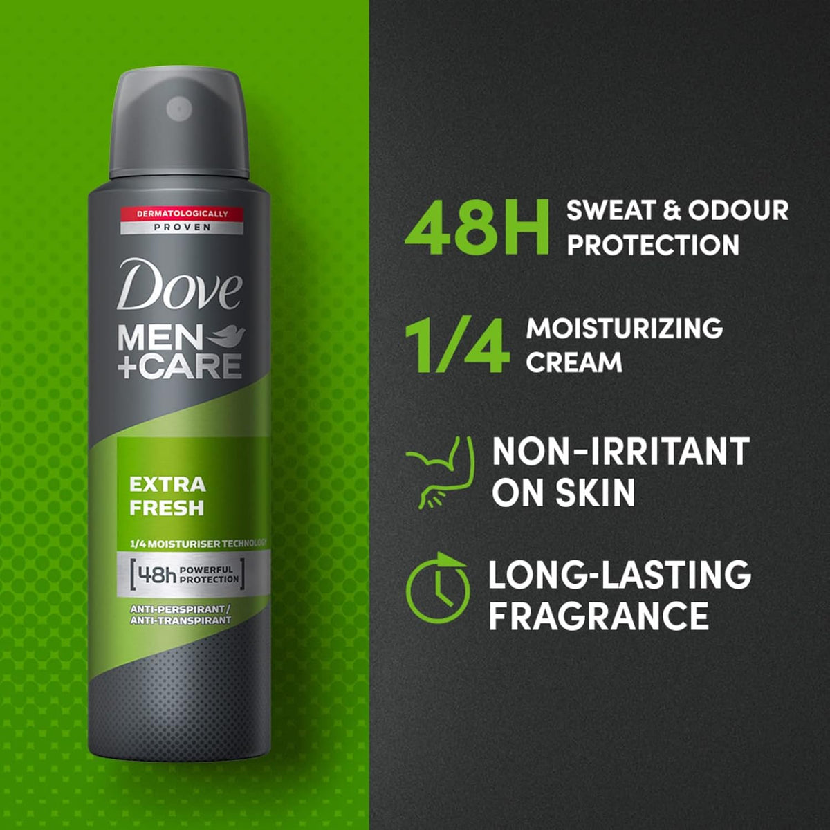 Dove Men+Care Extra Fresh Dry Spray Antiperspirant Deodorant, Up To 48 hrs Protection From Sweat & Odour, Instantly Dry for Cleaner Feel, Dermatologically Proven Formula, Soothes & Moisturises Skin, Long-Lasting Refreshing Scent, 150ml