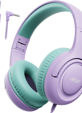 acer Kids Headphones - Over-Ear 85/94dB Volume Limiter, 3.5mm Jack Foldable Stereo Sound Headset for Toddlers Girls Boy Travel Learning Entertainment Tablet Kindle iPad PC Purple Green, HK03