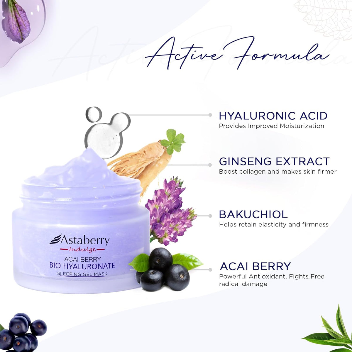 Astaberry Indulge Acai Berry Bio Hyaluronate Sleeping Gel Mask For Face with Bakuchiol & Hyaluronic Acid 50g