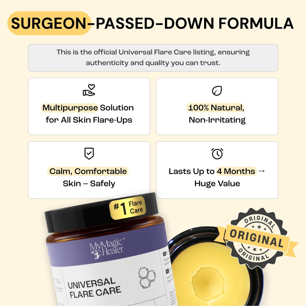 MyMagicHealer Universal Flare Care | Drawing Salve for HS, Boils, Cysts, Hemorrhoids, Pilonidal Cyst, Abscess | Anti-Chafing, Wound Care, Relief for Itching Skin w/Propolis & Egg Yolk Extract 4 oz